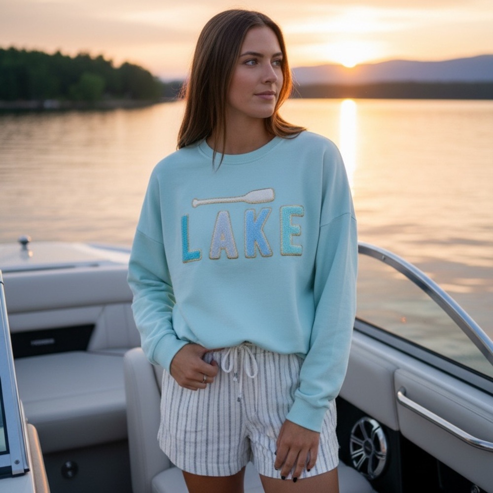 Simply Southern Seafoam 'LAKE' Embroidered Pullover Sweatshirt